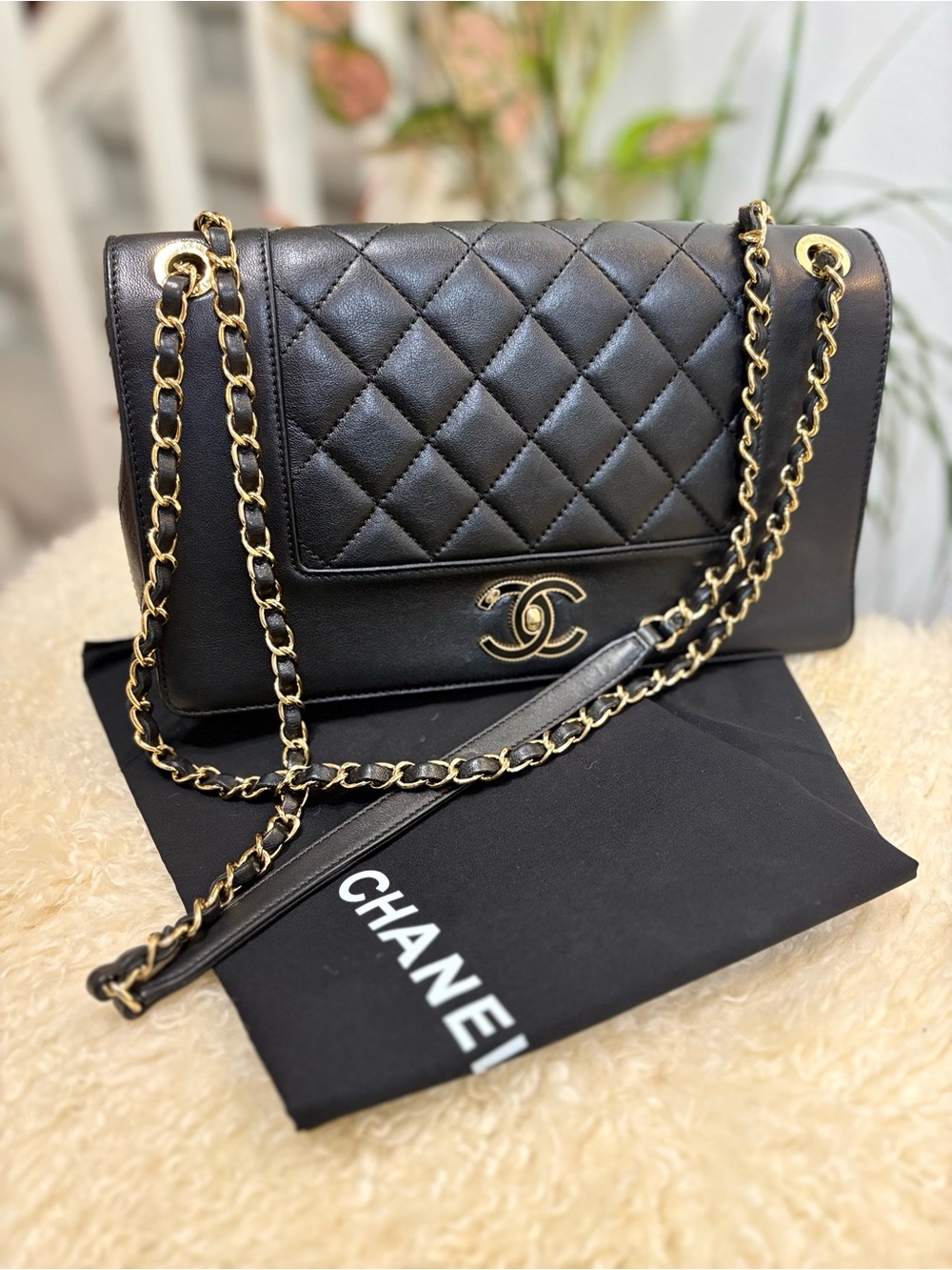 CHANEL Sheepskin Quilted Vintage Mademoiselle Flap Black